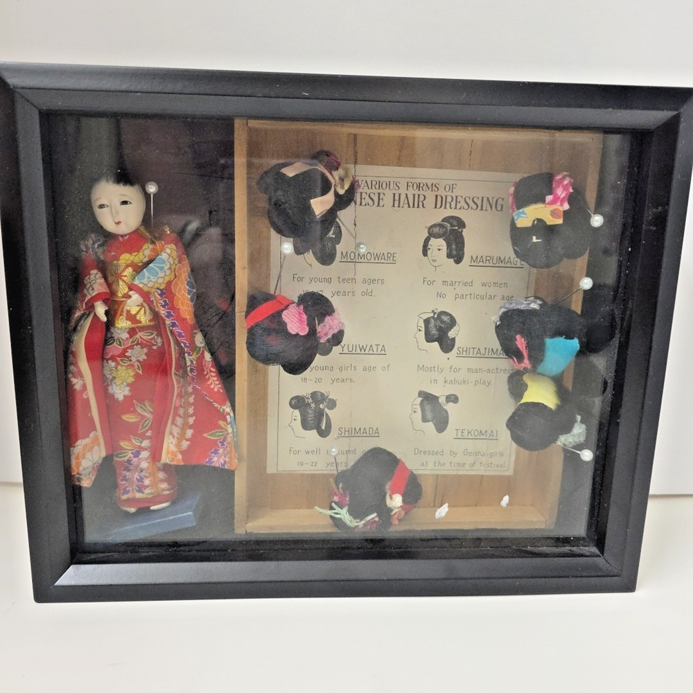 Japanese Geisha Doll Shadow Box Framed Kimono Hair Dressing Display Asian Art